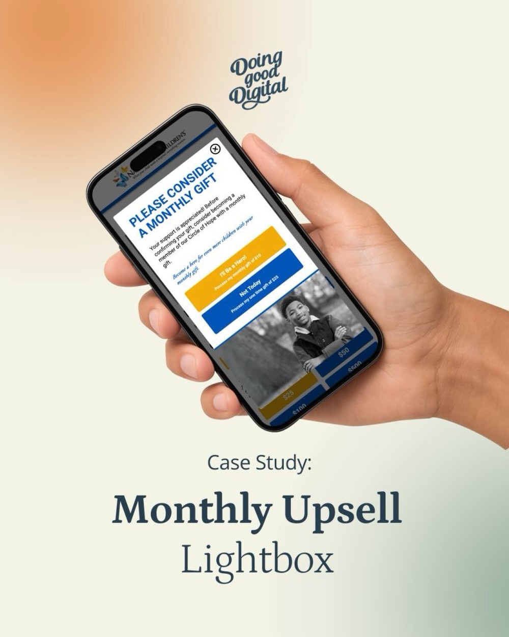 NEW CASE STUDY: Nationwide Children’s Hospital wanted to increase the number of recurring donors through their online giving form. 

The goal was to encourage one-time donors to consider joining their community of monthly supporters.

See how we introduced a frictionless and engaging upsell experience directly within their donation process on our website. Link in bio!