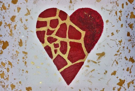 Illustration of the Japanese art of Kintsugi with a red heart, broken in pieces and mended together with gold.
