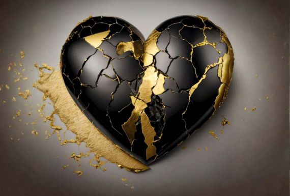 Illustration of the Japanese art of Kintsugi with a black heart, broken in pieces and mended together with gold.